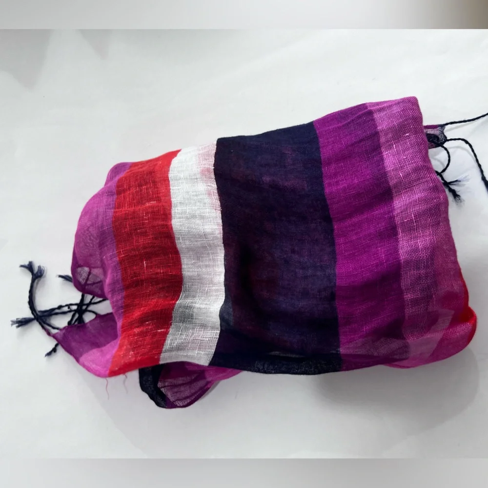 Talbots Lightweight Striped Scarf Pink Purple Navy White Fringe Wrap Shawl